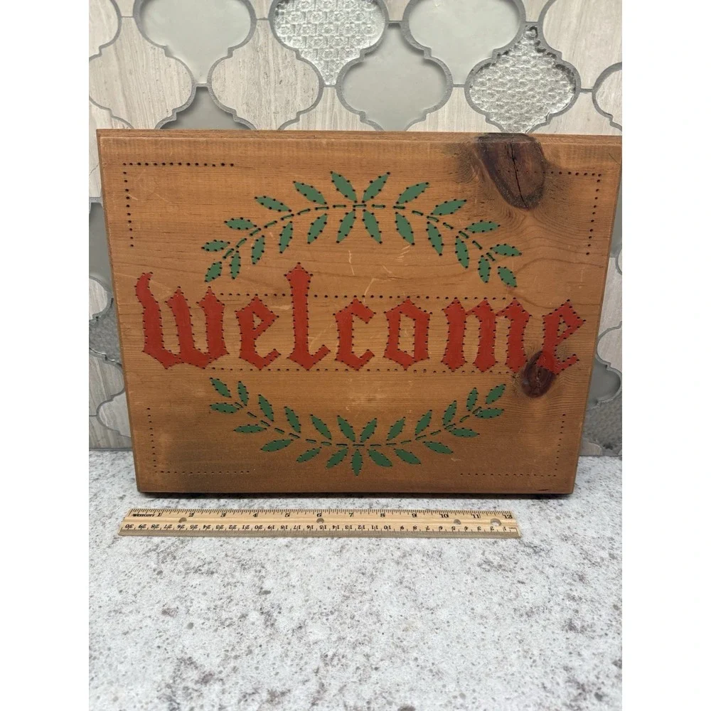 Vintage Welcome Wood Hang Sign Handmade Painted And Punched‎ Cottage Core Nice